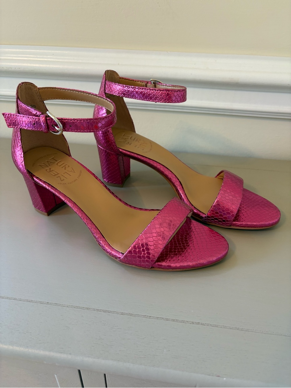 Naturalizer Metallic Hot Pink Ankle-Strap Block Heels